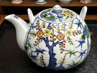 日瓷名家平安京泉手绘岁寒三友松竹梅茶壶，球形出水孔。