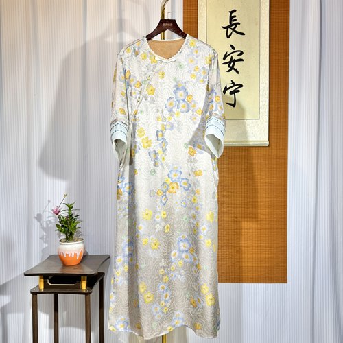 【小茉莉-连衣裙】新中式复古小碎花 欧根纱中长袖提花连衣裙