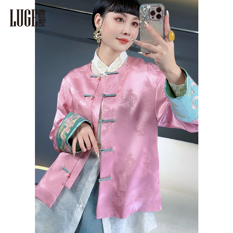 2025春季新款撞色拼接粉色唐装国风外套女高端新中式盘扣醋酸上衣