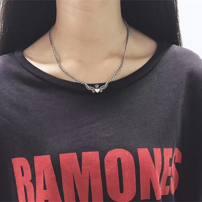 牌克罗925纯银锁骨链轻奢复古做旧男女天使爱心项链潮流吊坠颈链