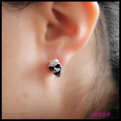 925纯银欧美潮牌复古骷髅头耳环男女耳钉GD耳坠耳饰