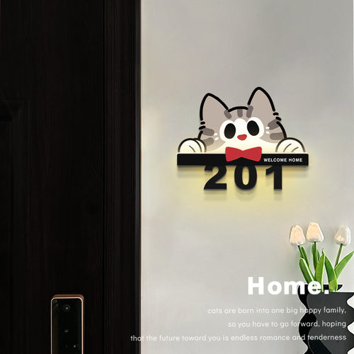 可爱小猫门牌家用入户门装饰立体标识牌可感应发光门牌号