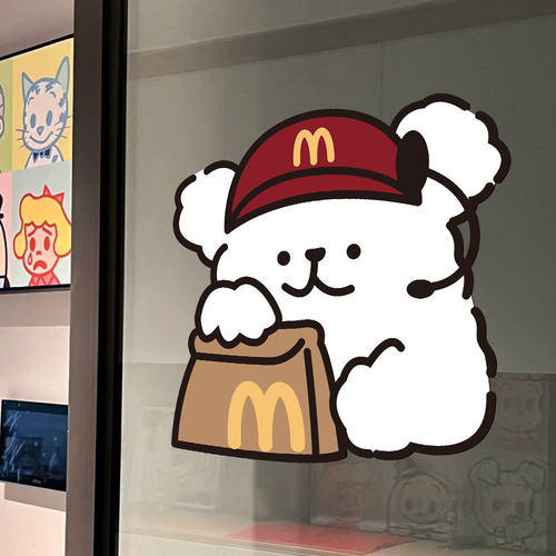 INS风萌系线条小狗装饰玻璃门贴 汉堡薯条店装饰橱窗贴纸静电窗花