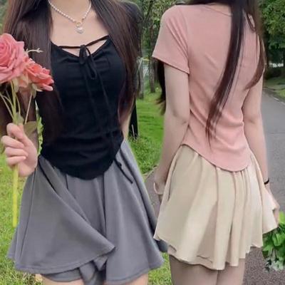 大码女装胖mm小众辣妹上衣2023新款设计感黑色显瘦短款修身T恤女