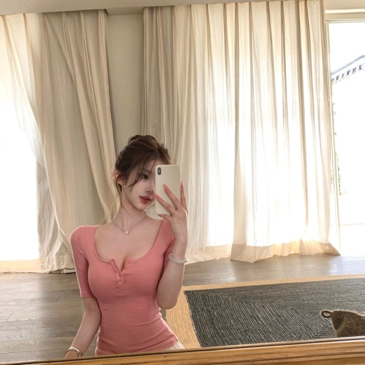 粉色u领短袖t恤女夏法式