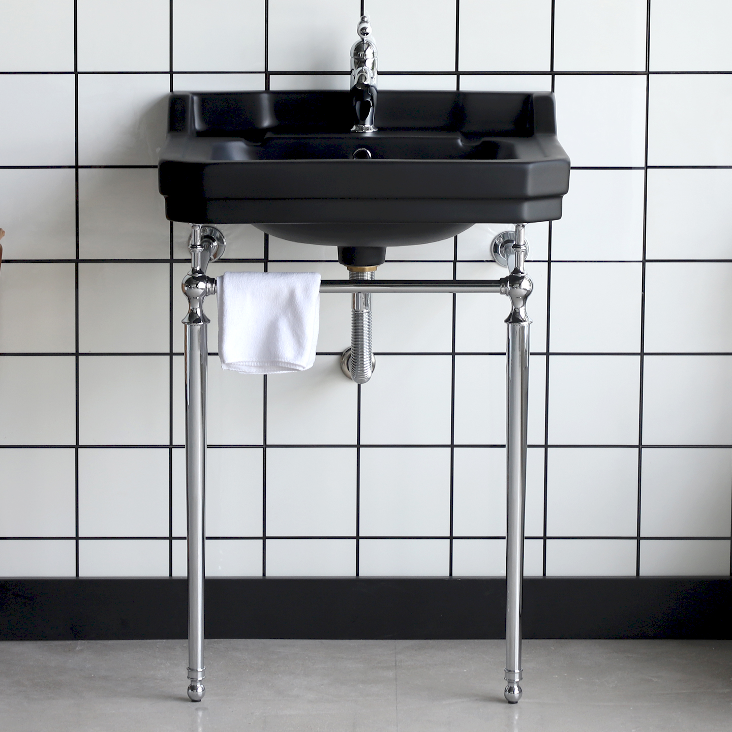 高档现代意式极简哑黑一体陶瓷盆配全铜镀铬支架