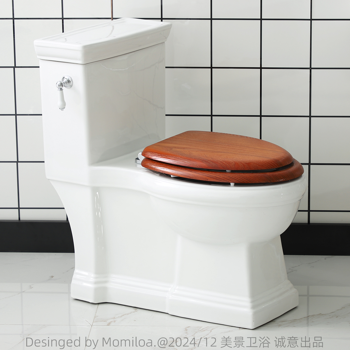 美式复古实木盖板连体坐便器