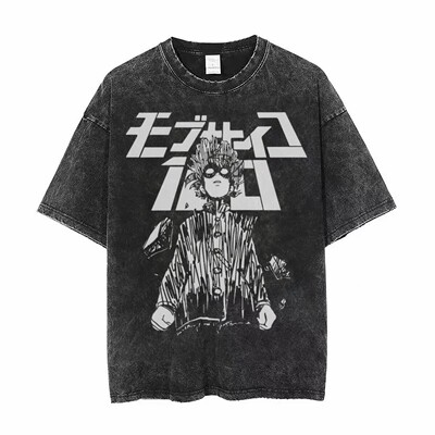 水洗做旧短袖纯棉t恤男夏季Mob Psycho 100超能灵能百分百高街潮