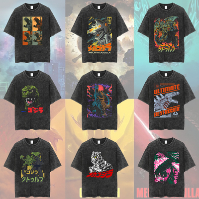 花可美哥斯拉T恤 Godzilla 怪兽水洗做旧纯棉复古宽松短袖T-Shirt