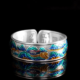 足银9999 大克重100克烧蓝万里江山手镯宽版男女通用文艺复古国潮