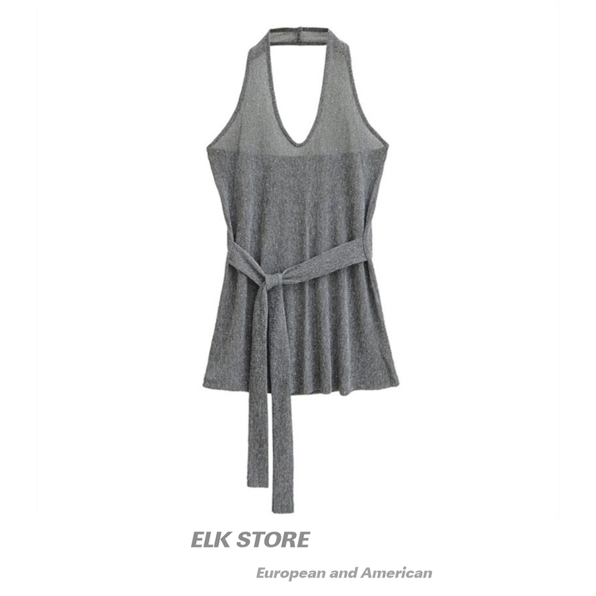 美式辣妹v领挂脖吊带露背上衣