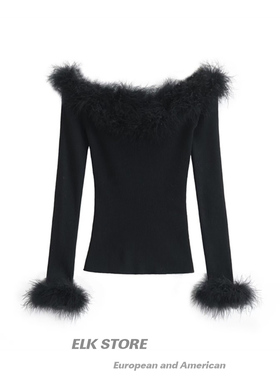 性感辣妹黑色毛领一字肩针织衫上衣女秋冬名媛别致露肩长袖打底衫