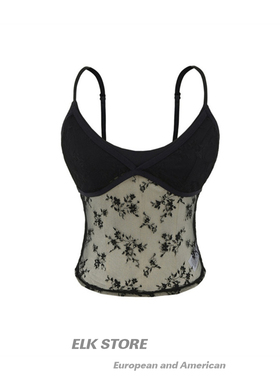 性感辣妹蕾丝透视背心女夏季新款设计感小众黑色短款修身露背上衣