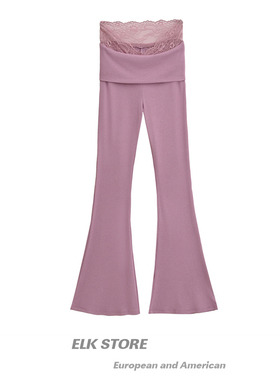 韩系辣妹风性感蕾丝拼接高腰喇叭裤女秋季修身显瘦垂感紫色休闲裤