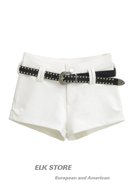 美式高街性感辣妹黑色包臀短裤夏季高腰修身配腰带显瘦a字热裤女