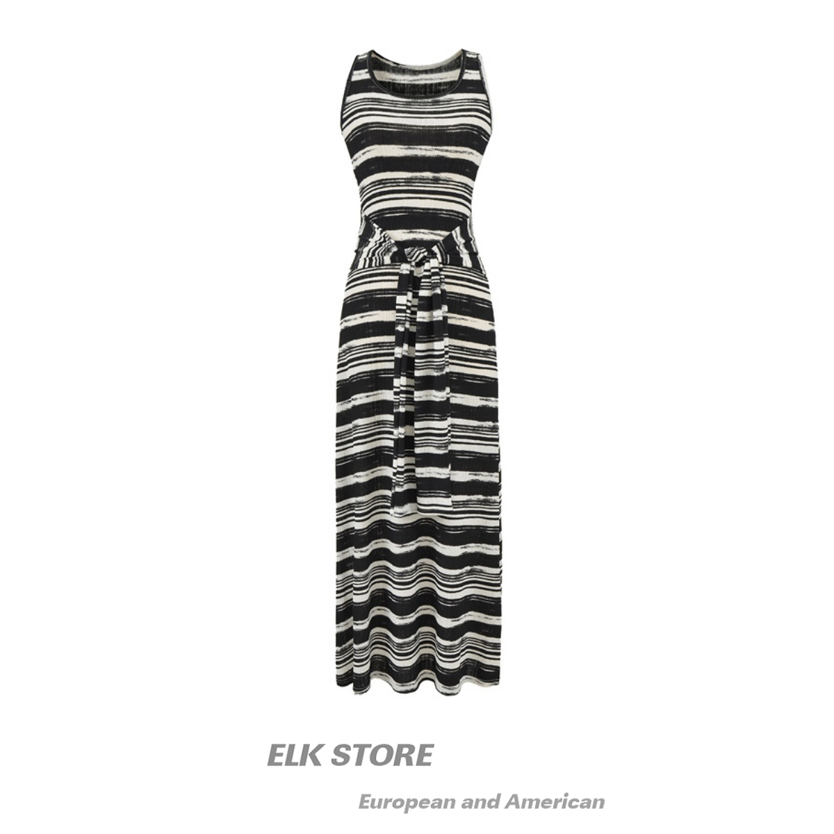 黑白条纹修身背心连衣裙a字长裙