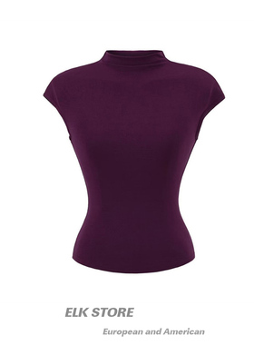 美式辣妹风黑色半高领小飞袖t恤女短袖修身显瘦气质内搭针织上衣