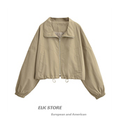 港风设计感复古宽松落肩短款 外套风衣卡其色休闲户外抽绳夹克上衣