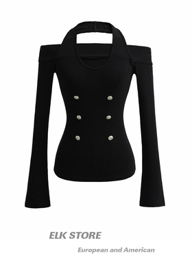 韩版街头黑色一字肩挂脖长袖t恤女新款性感辣妹收腰显瘦镂空上衣