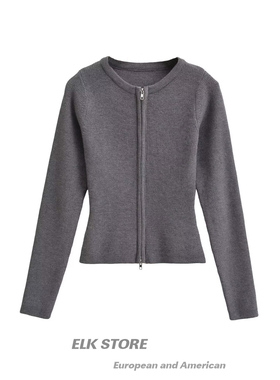 美式复古双头拉链针织开衫秋冬修身小众短款长袖上衣灰色内搭毛衣
