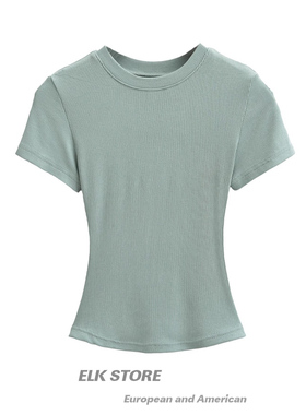 夏日辣妹螺纹短袖t恤女性感收腰修身圆领纯色skims同款上衣打底