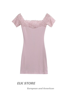 紫色一字肩蕾丝拼接连衣裙女夏季纯欲性感辣妹修身显瘦包臀短裙