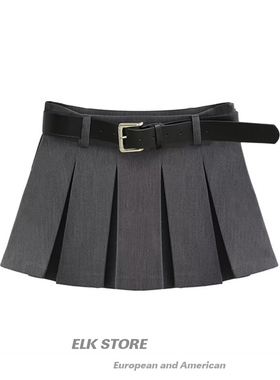 美式街头高腰a字半身裙百搭休闲腰带款学院风黑色百褶裙显瘦短裙