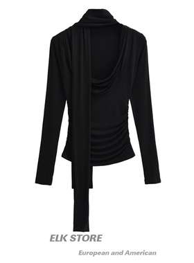 辣妹风别致黑色纯欲荡领性感长袖T恤女早秋修身飘带围脖短款上衣