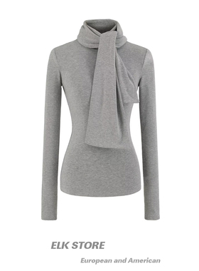 秋冬磨毛可拆卸围脖灰色套头长袖t恤内搭上衣修身显瘦辣妹打底衫