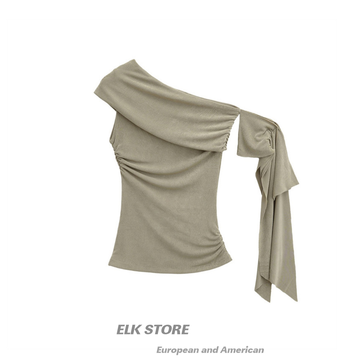 一字肩短袖露肩t恤褶皱飘带上衣