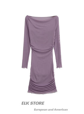 春夏新款御姐辣妹性感网纱一字肩连衣裙紫色修身纯欲风包臀裙子