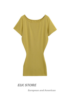 黄色斜肩沙漏腰性感露肩短袖连衣裙夏季辣妹收腰裙子修身包臀短裙