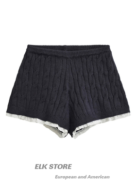 韩系藏蓝色绞花针织麻花短裤女秋冬蕾丝花边裤子高腰显瘦打底靴裤