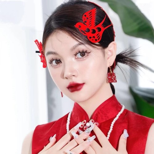 新中式新娘耳夹红色喜字双囍耳环
