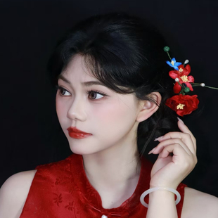 一饰新娘新中式古风花朵发夹新娘秀禾服晨袍头饰红色山茶绒花发饰