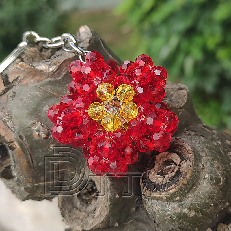 手工串珠水晶红色可爱小花成品编织6厘球珠花朵造型钥匙扣包挂件