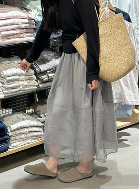 特价   2025夏季新款韩版灰色百搭松紧腰伞裙半身裙纱裙