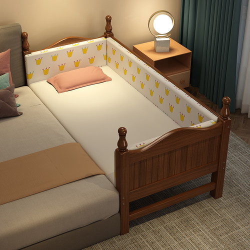 定制榉儿童床拼接床大床带护栏床边加宽高低可调宝宝婴儿实木小床