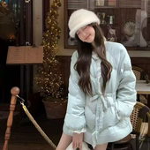 浅蓝色花边拼接收腰羽绒服女今年流行 独特漂亮白鸭绒中长款 外套