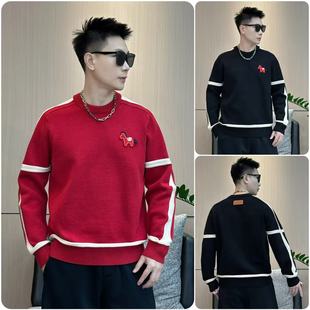 秋冬季新款加厚毛衣高密度提花刺绣工艺撞色针织衫百搭圆领情侣款