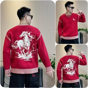 秋冬季新款加厚毛衣高密度提花刺绣工艺撞色针织衫百搭圆领情侣款