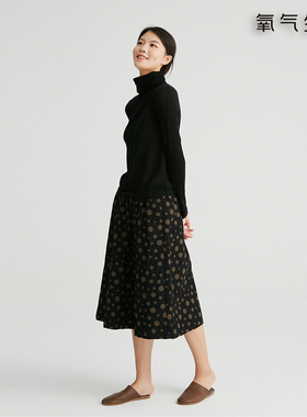氧气生活黑色波点半身裙春秋中长款A字复古百搭休闲提花裙