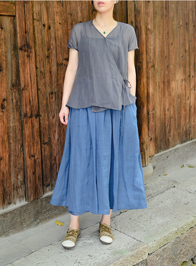 夏款新款飘逸简洁清凉侘寂风苎麻半裙薄款a字遮胯禅意伞裙浅蓝色