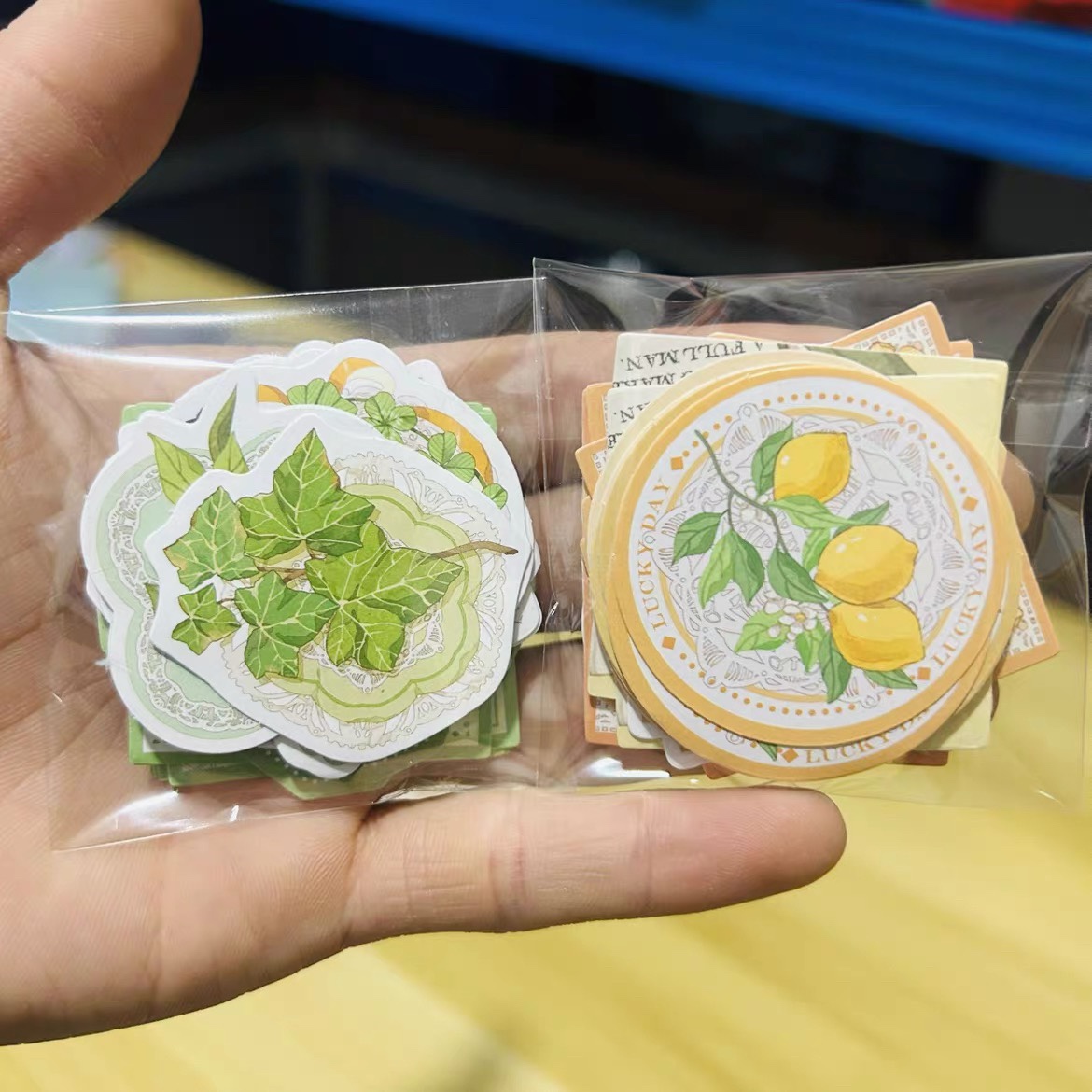 (满10元发货)两包绿窗暖阳铜版纸贴纸包46张/包水果贴画手帐素材