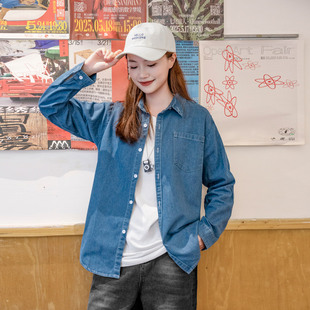 日系cityboy水洗牛仔长袖扣尖领衬衫秋季bdls休闲百搭男女款衬衣