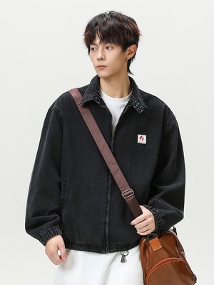 美式复古水洗做旧底特律工装牛仔夹克男秋季领口印花短宽廓形外套