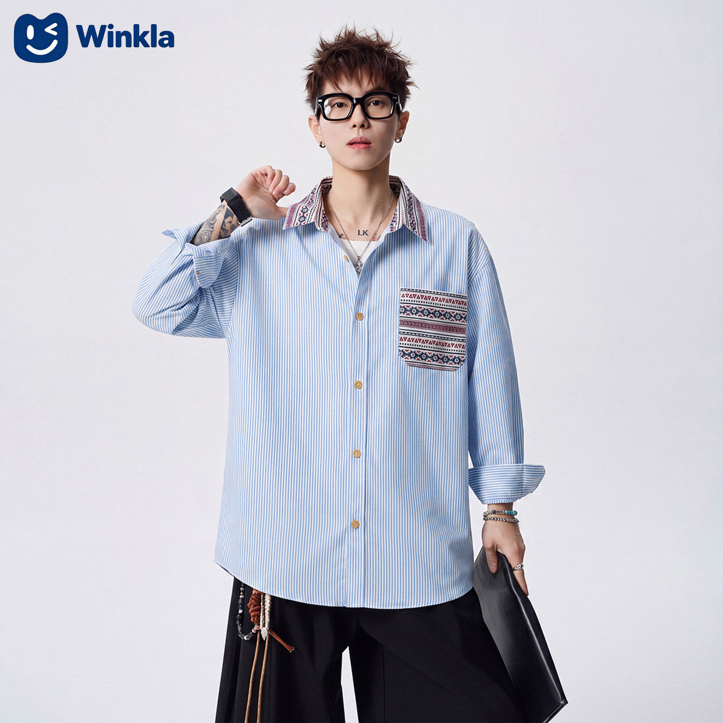 Winkla拼接条纹宽松长袖衬衫男