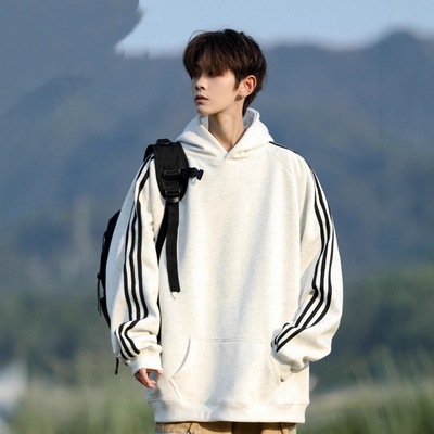 美式复古三条杠连帽卫衣男女秋冬设计感撞色拼接刺绣棒球服外套潮