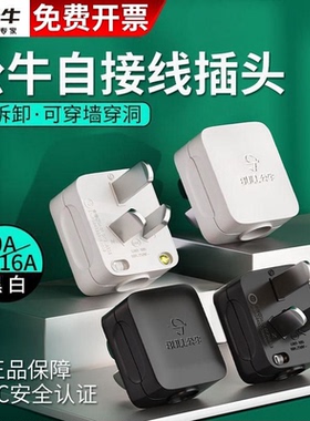 公牛三脚插头黑色10A/16A空调三孔电源电线3角大功率插头自接线