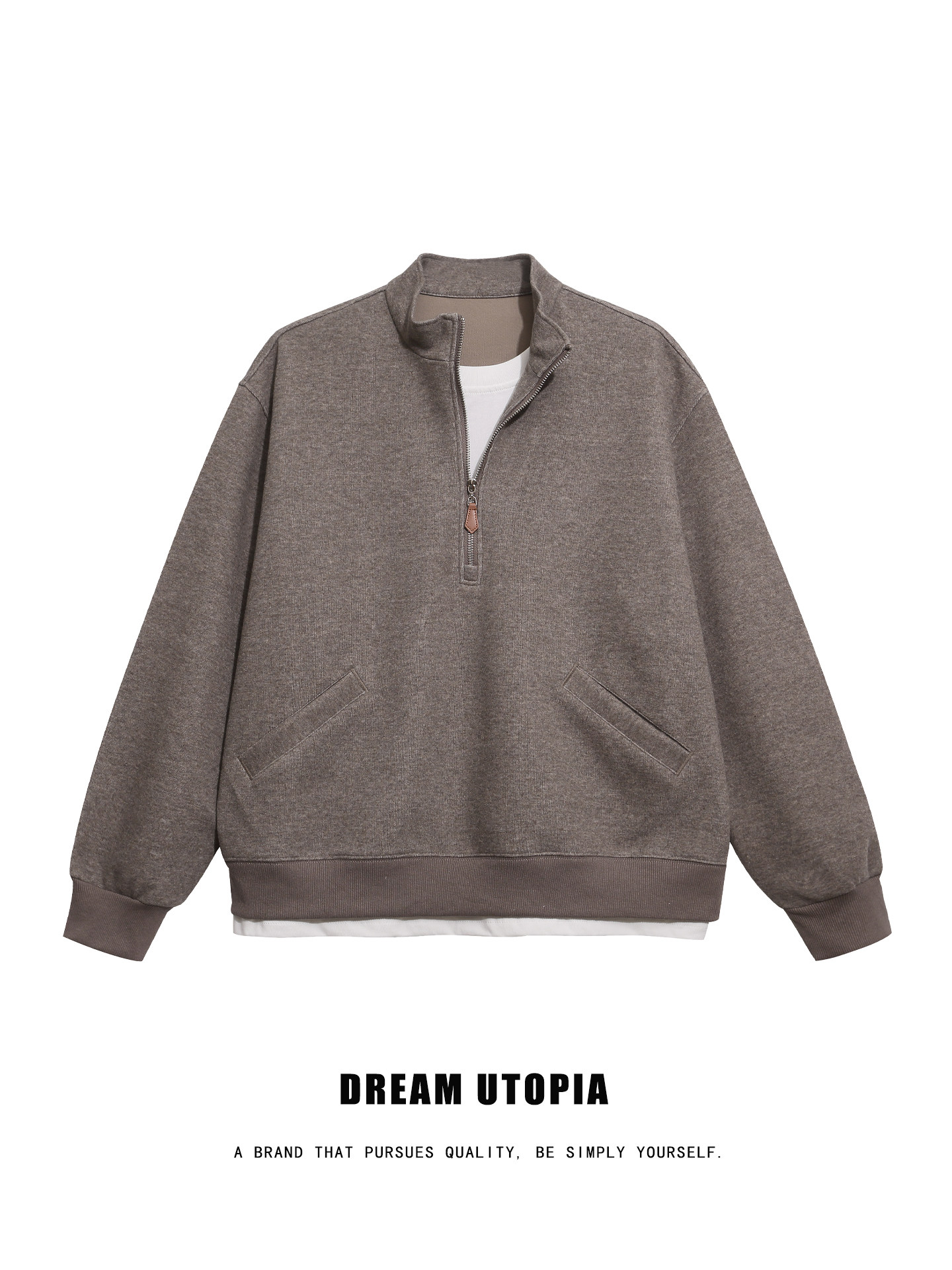 DREAM UTOPIA老钱风简约假两件半拉链立领卫衣男通勤轻熟风套头衫